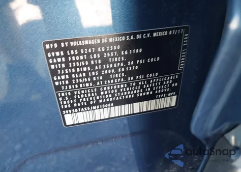 2018 Volkswagen Tiguan 2.0T Se/2.0T Sel из США, поврежденный, VIN 3VV3B7AX5JM015069